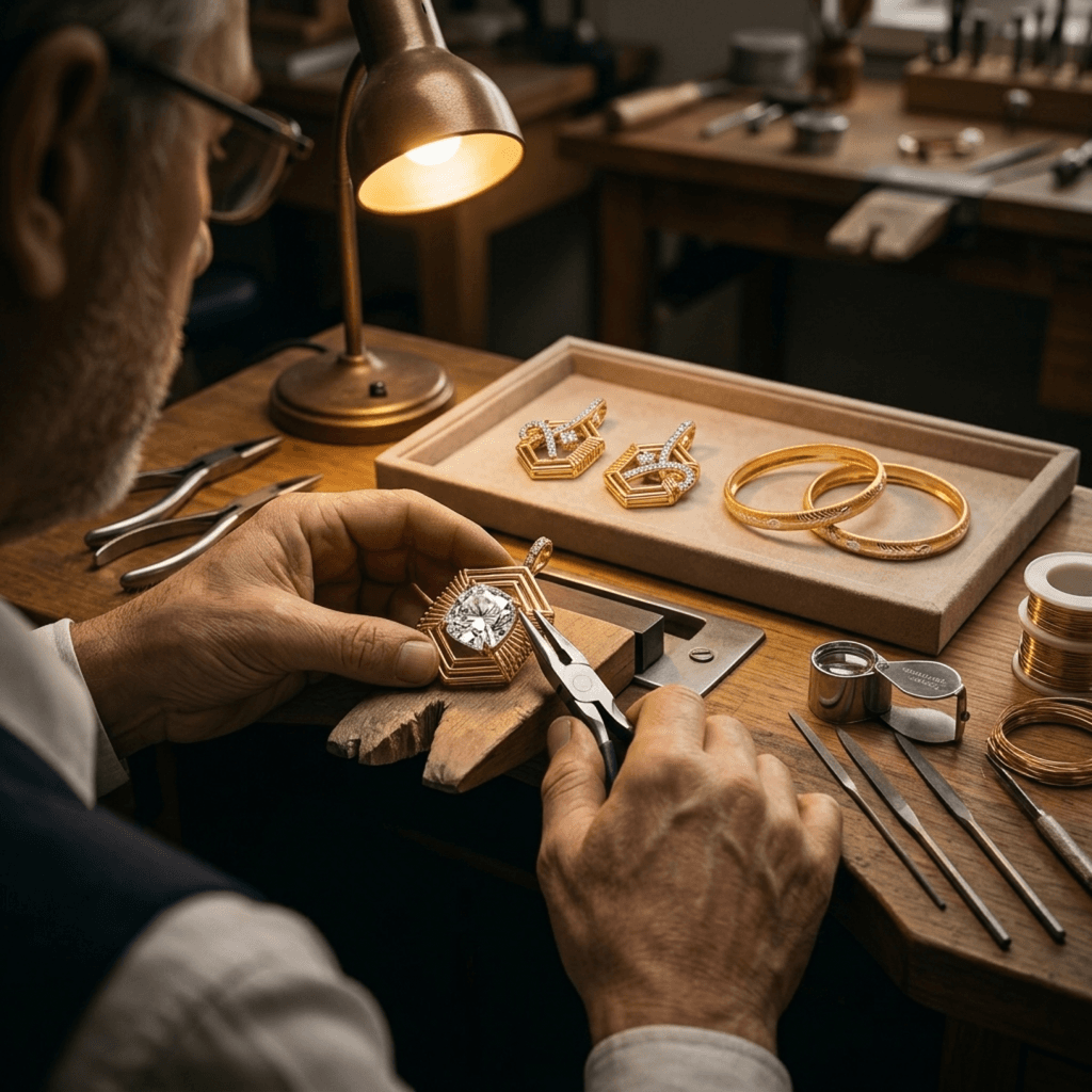 Master artisan hand-finishing a gold and diamond piece at Zaina Jewellers